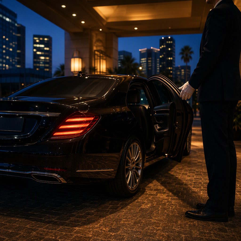 Chauffeur in white gloves holding open the rear door of a black sedan at night