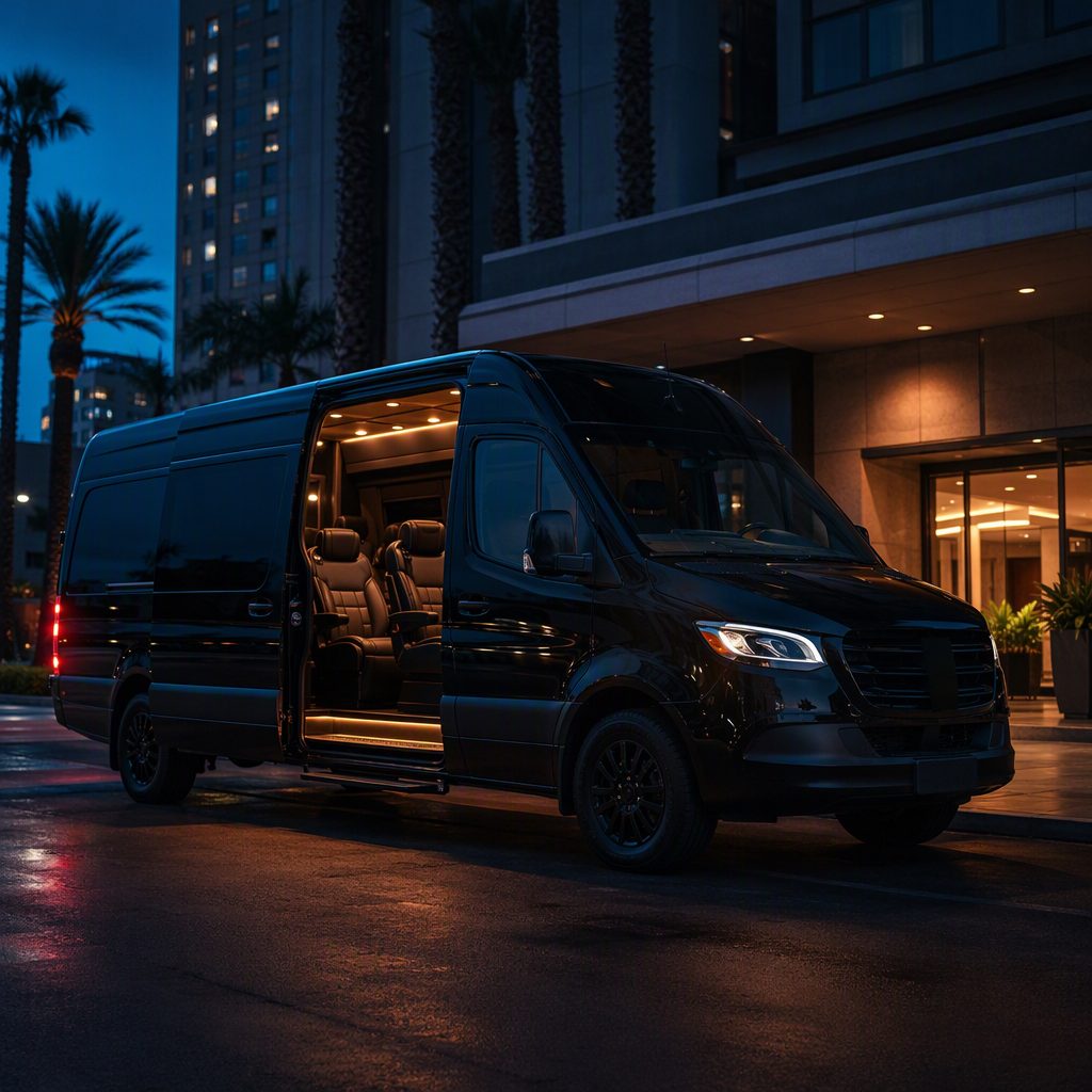 Black executive passenger van with its door open outside a Los Angeles hotel