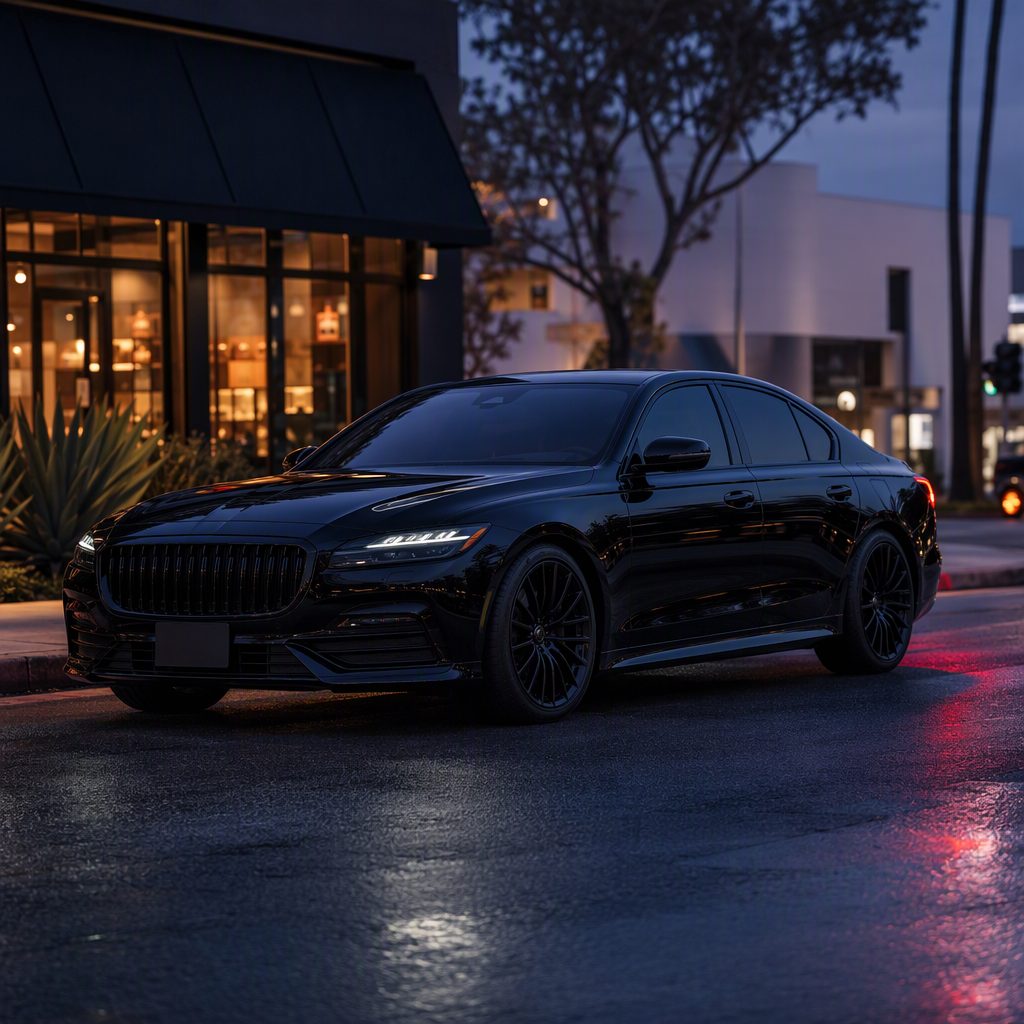 Black luxury sedan on a wet Toluca Lake street at dusk