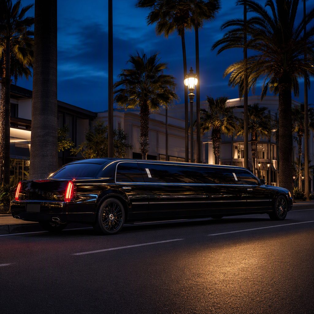 Black stretch limousine on a palm-lined boulevard at blue hour
