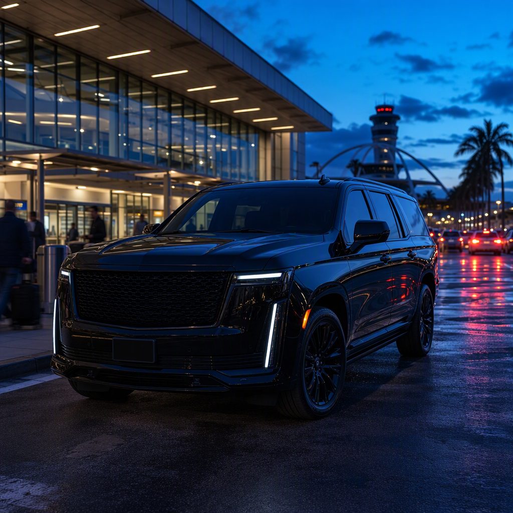 Black luxury SUV at an airport departures curb at blue hour